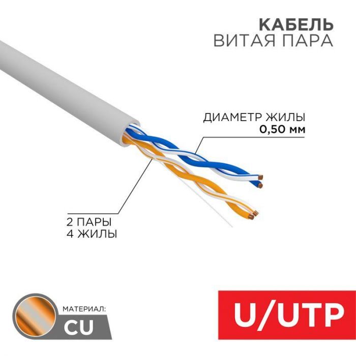 Кабель витая пара U/UTP 2х2х24AWG кат.5E solid CU PVC сер. (м) Rexant 01-0023