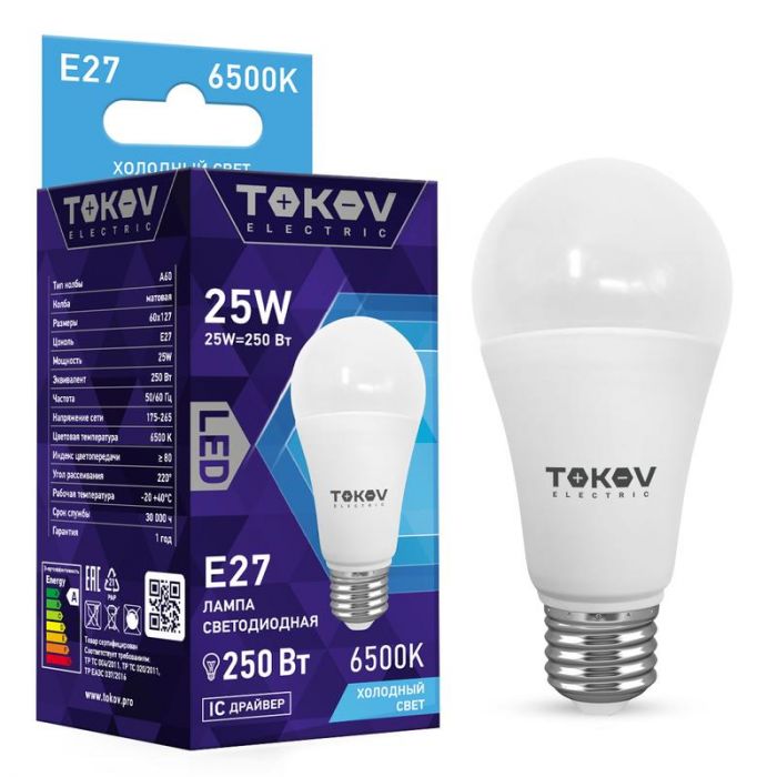 Лампа светодиодная 25Вт А60 6500К Е27 176-264В TOKOV ELECTRIC TKE-A60-E27-25-6.5K