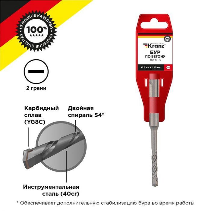 Бур по бетону 6x110мм SDS PLUS Kranz KR-91-0006