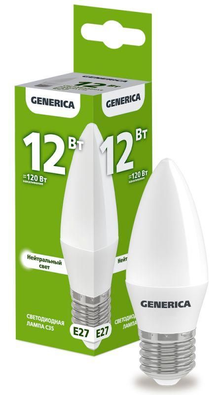 Лампа светодиодная C35 12Вт свеча 4000К E27 230В GENERICA LL-C35-12-230-40-E27-G